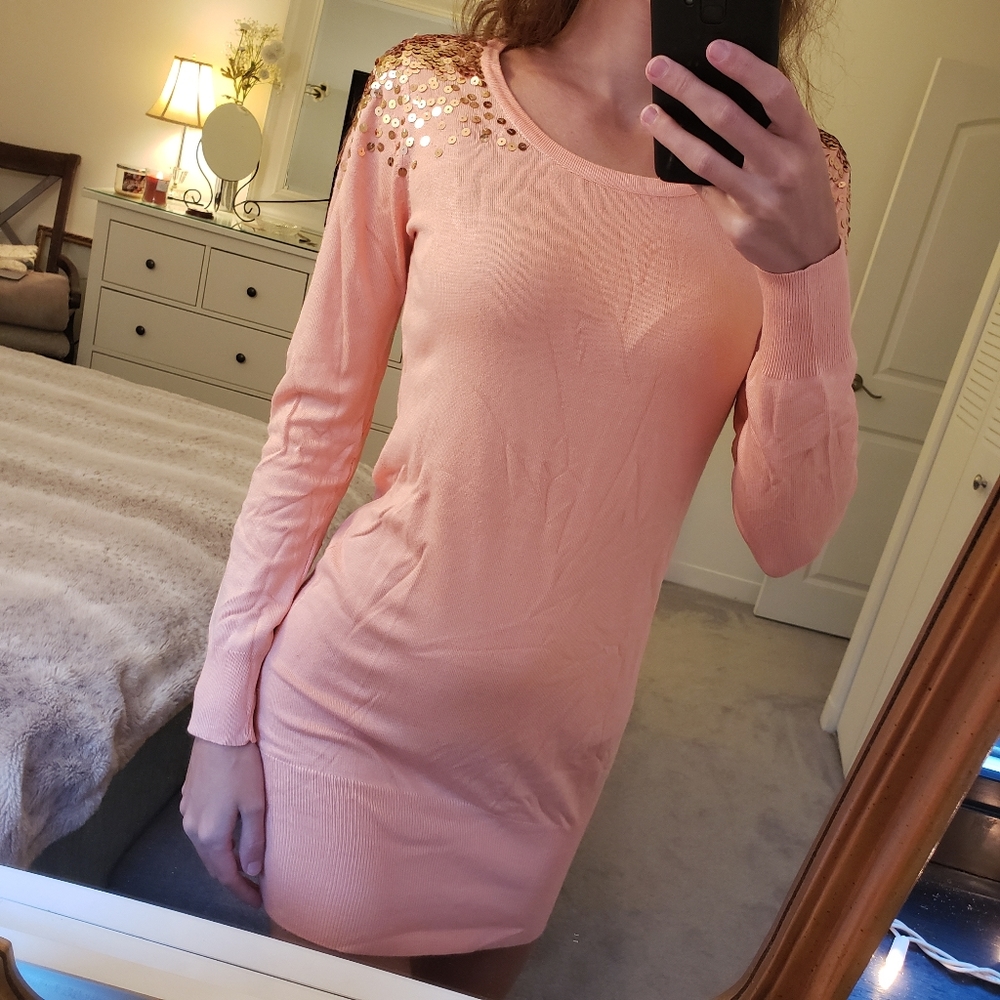 Orangish-Pink Sequin Sweater Dress